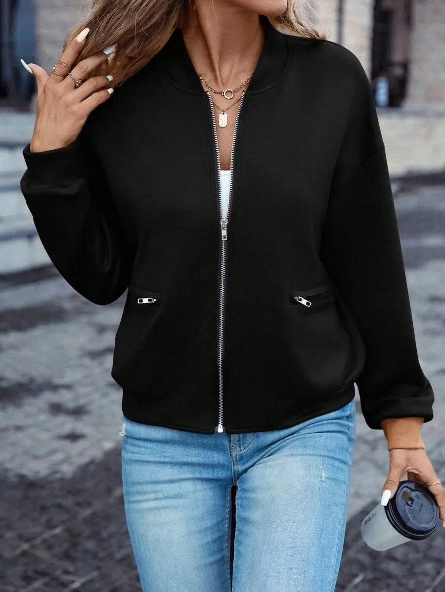 Black women's zip jacket with faux pockets and long sleeves for autumn winter wear