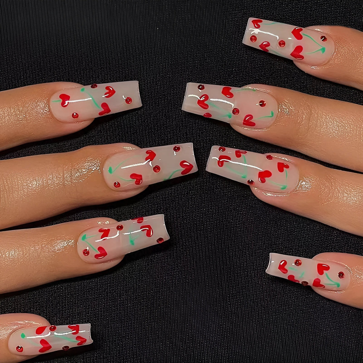 Self-adhesive nail wraps in JP1601 colour with French love red diamond and cherry pattern, pack of 24 with adhesive glue