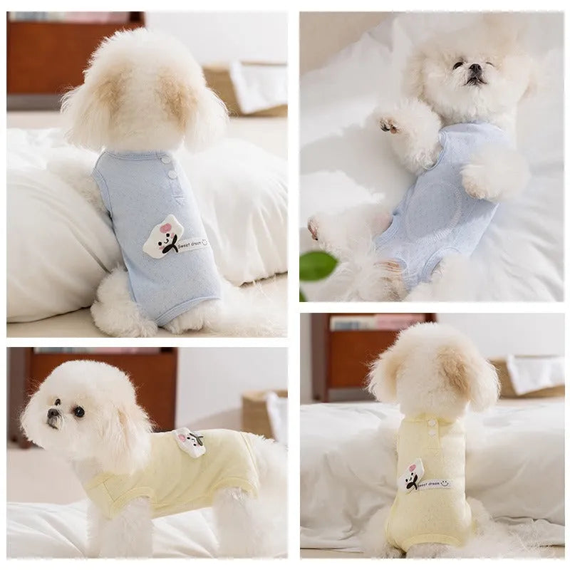 Breathable mesh pet shirt for small dogs and cats in blue or yellow with cat patch and button closure