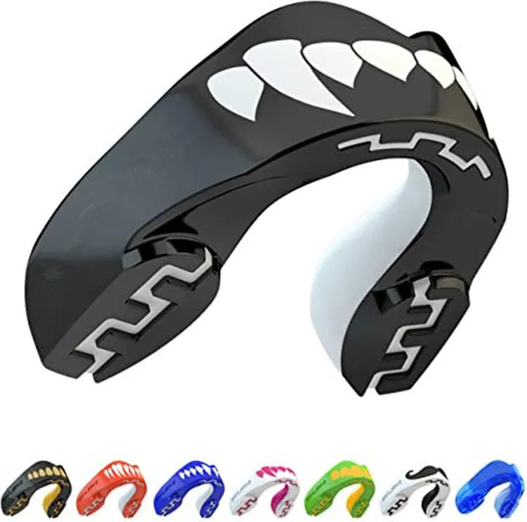 Adult boxing mouthguard with tooth socket design in black and white printed teeth for martial arts training