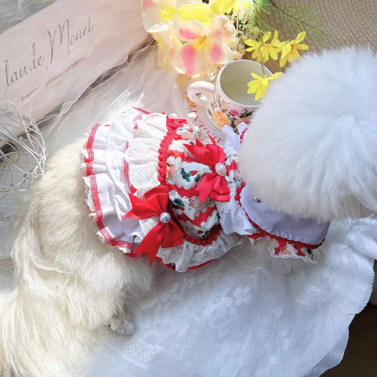 Princess style rabbit skirt dog dress made of polyester for small dogs, shown in sizes XS to XL.
