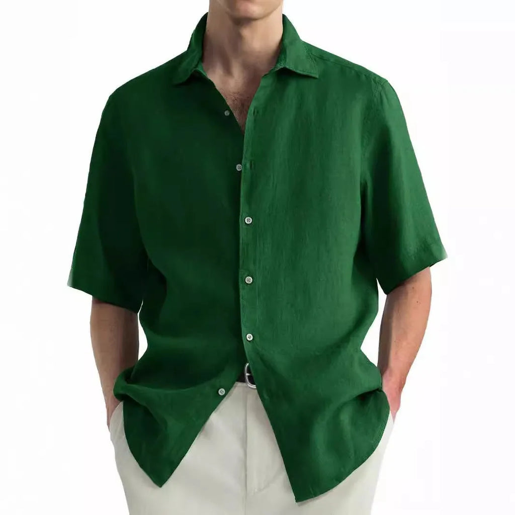 Green washed cotton men's shirt with regular fit cardigan style on hanger