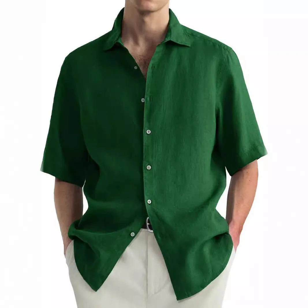 Green washed cotton men's shirt with regular fit cardigan style on hanger