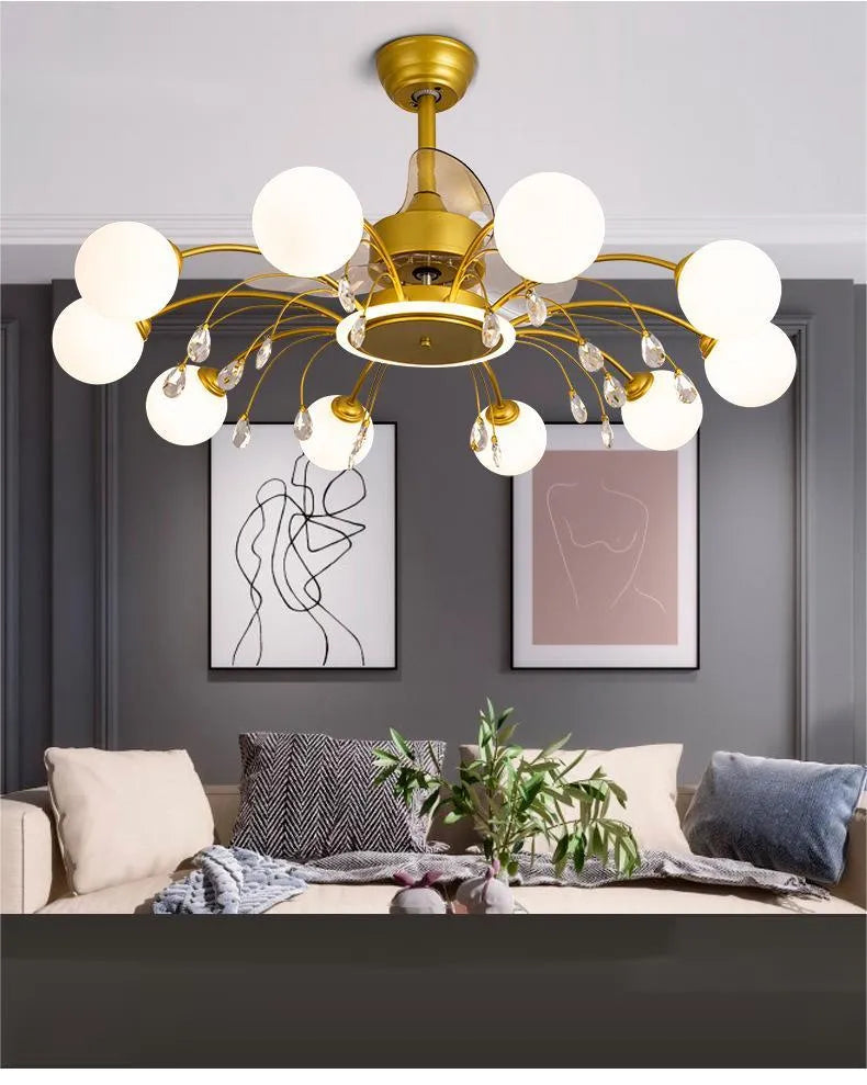 DC frequency conversion ceiling fan light with acrylic lampshade and metal blades in black or gold finish