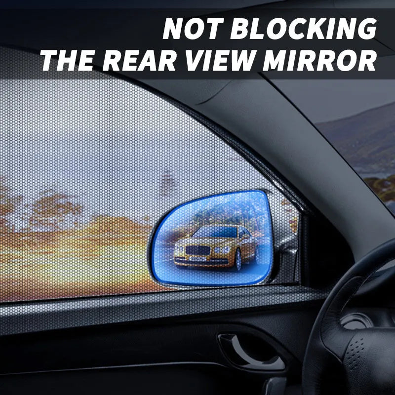 Set of four elastic-fit non-woven mesh sunshades for car front and rear side windows.