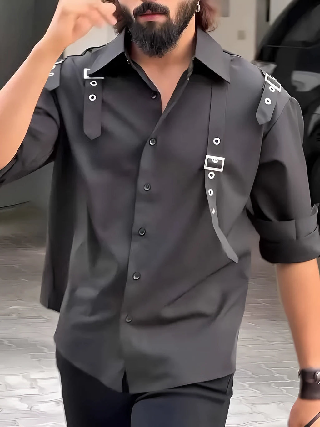 Men's black long sleeve button-up shirt with a regular fit and utility style.