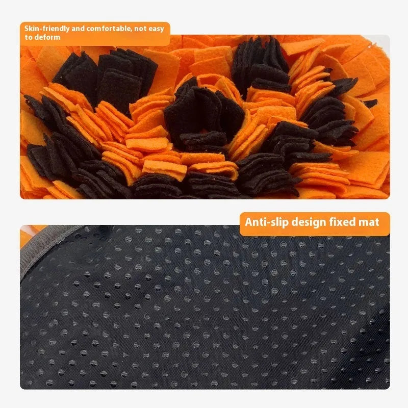 Orange pumpkin-shaped pet smell mat with textured woollen surface for dog slow feeding training