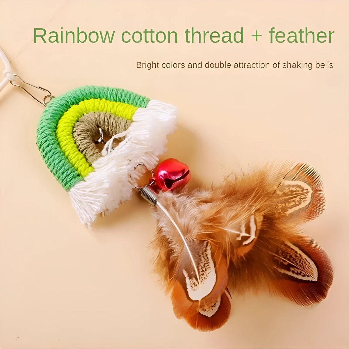 Blue feather cat rope toy hanging from door with elastic swing design and sticky buckle clamp