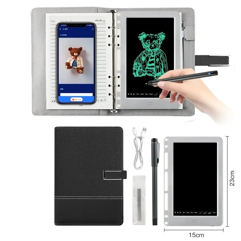 85-inch electronic writing pad with stitching design and smart pen on a desk