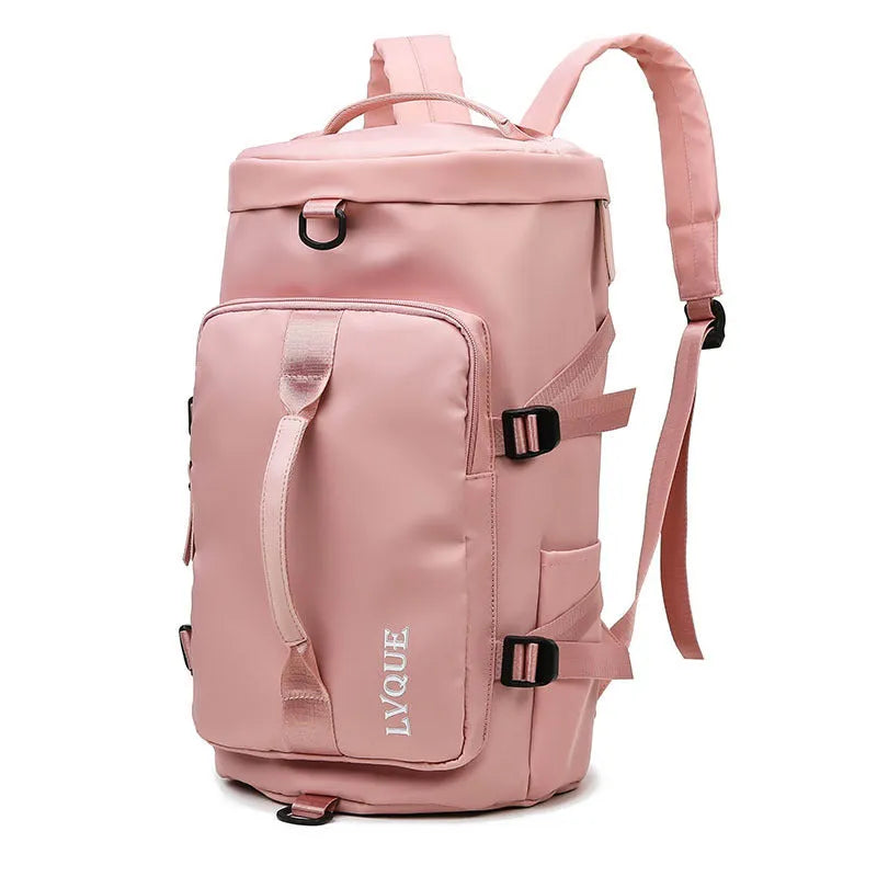 Black convertible nylon gym bag showing backpack, shoulder bag, and handbag modes with separate shoe compartment.