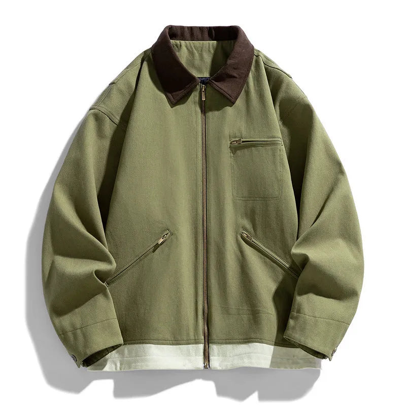 Korean style men's autumn jacket in mint green with contrast lapels and side seam pockets