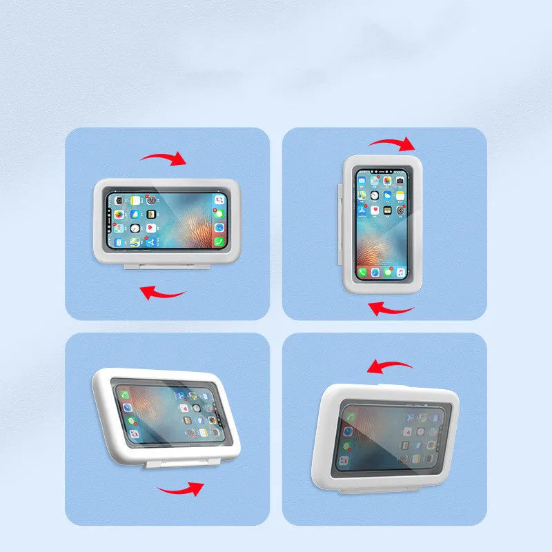White waterproof phone holder with clear touch screen mounted on bathroom tile