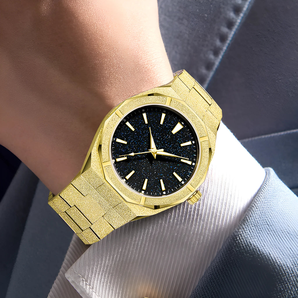 Business men's watch with frosted stainless steel case and luminous hands in silver, gold or black colour options