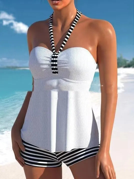 Women's off-shoulder striped swimsuit in solid colour with brief style design
