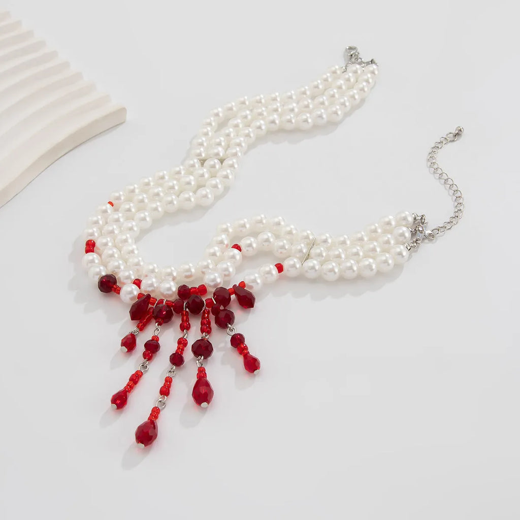 Halloween blood drop necklace with crystal pendant and imitation pearls on adjustable chain