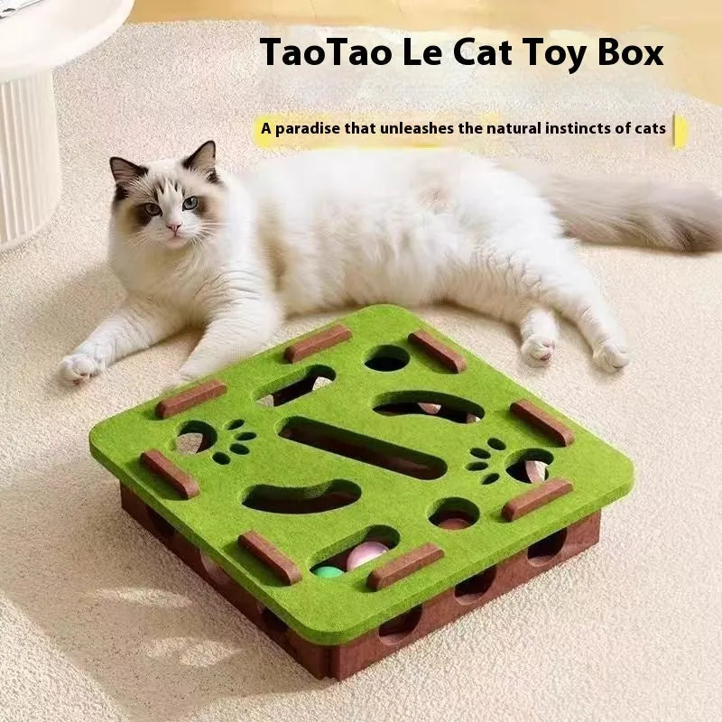 Felt cat toy box with hole in green brown or camel white measuring 30x30x7.5cm for pet play