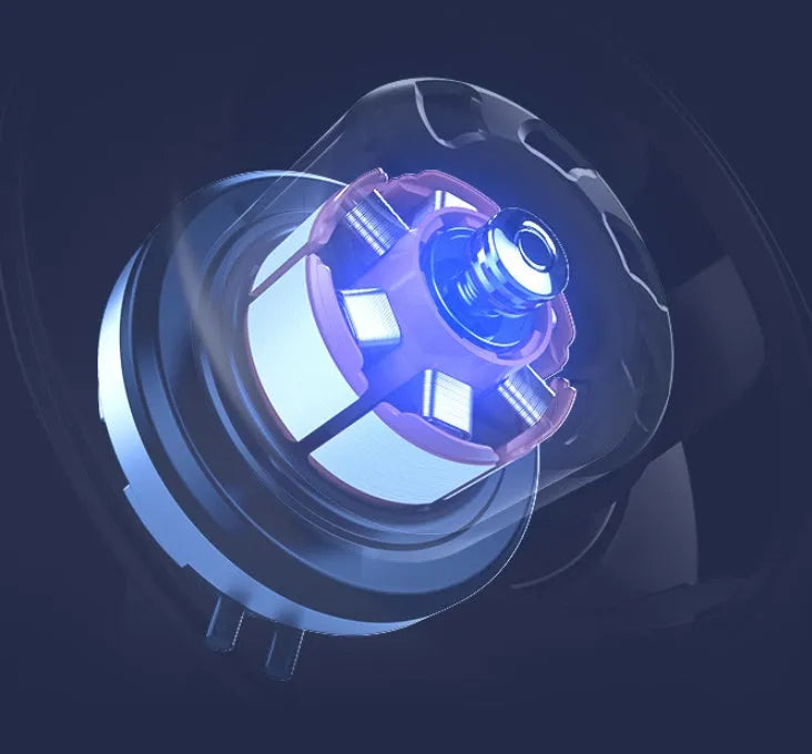 Blue foldable table fan with LED light showing 300° rotation angle and pen holder design