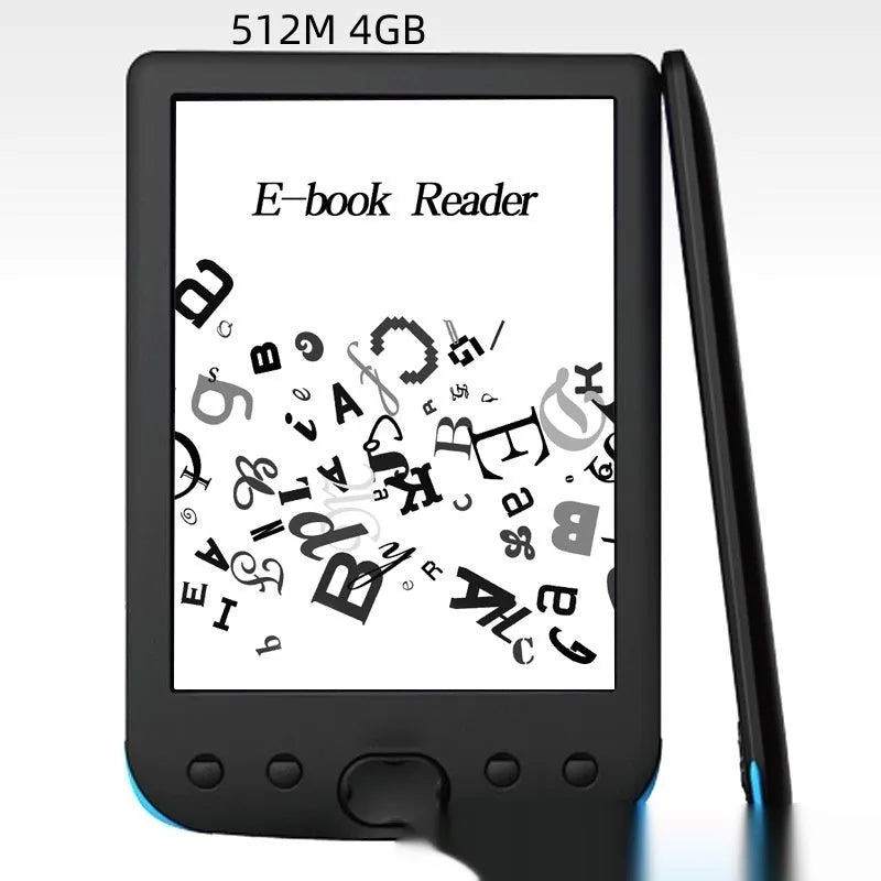 Black 6-inch E-ink screen e-book reader on a table.