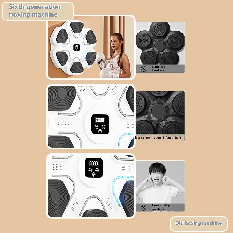 Smart music boxing machine wall target with electronic display and focus gloves on white wall.