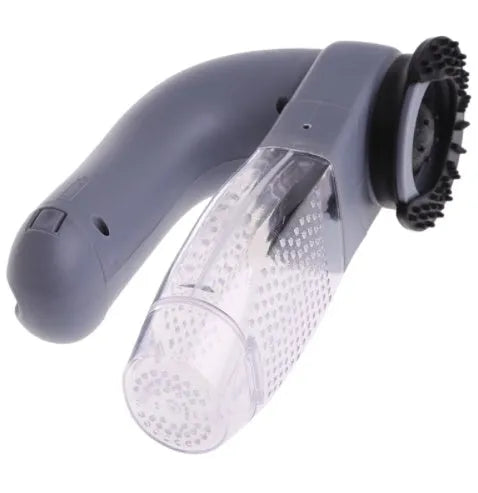 Grey portable electric pet hair vacuum cleaner with grooming brush.