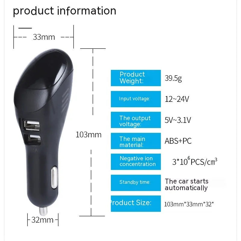 White car USB charger and air purifier unit for vehicle cigarette lighter socket with dual USB ports