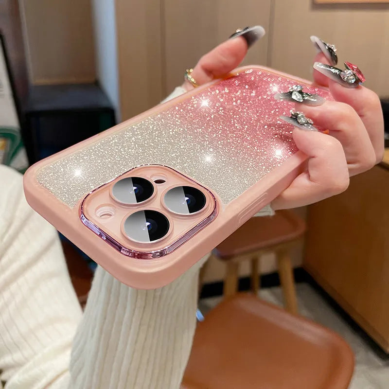 Ultra-thin transparent glitter iPhone case with magnetic suction in silver gradient colour on an iPhone 15