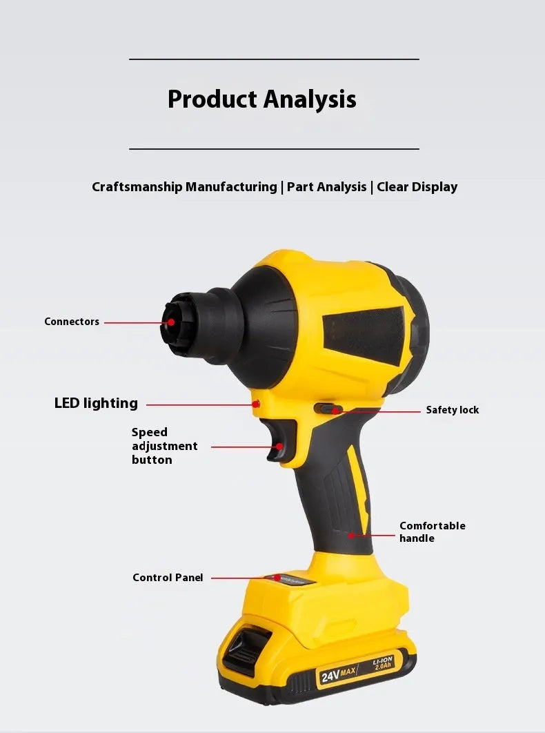 Yellow cordless handheld dust blower with lithium battery for office cleaning and desktop maintenance