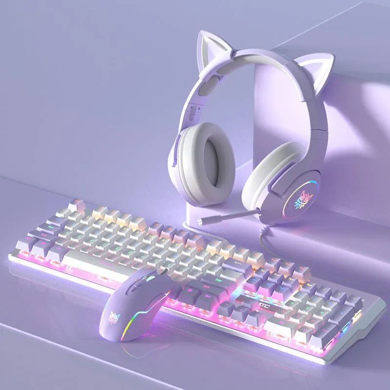 Purple and white mechanical keyboard and wired mouse set with backlit keys