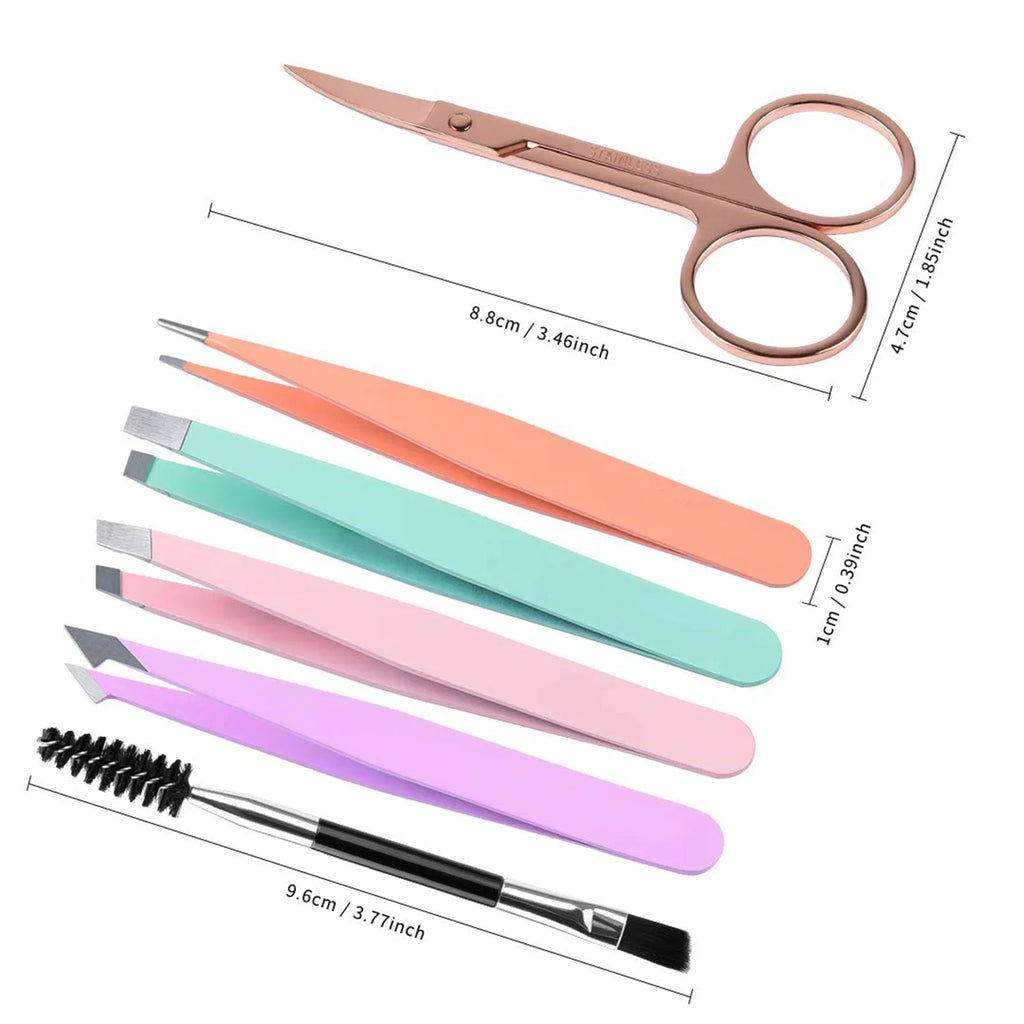 Professional 6 piece stainless steel eyebrow tweezers set with curved scissors and leather case