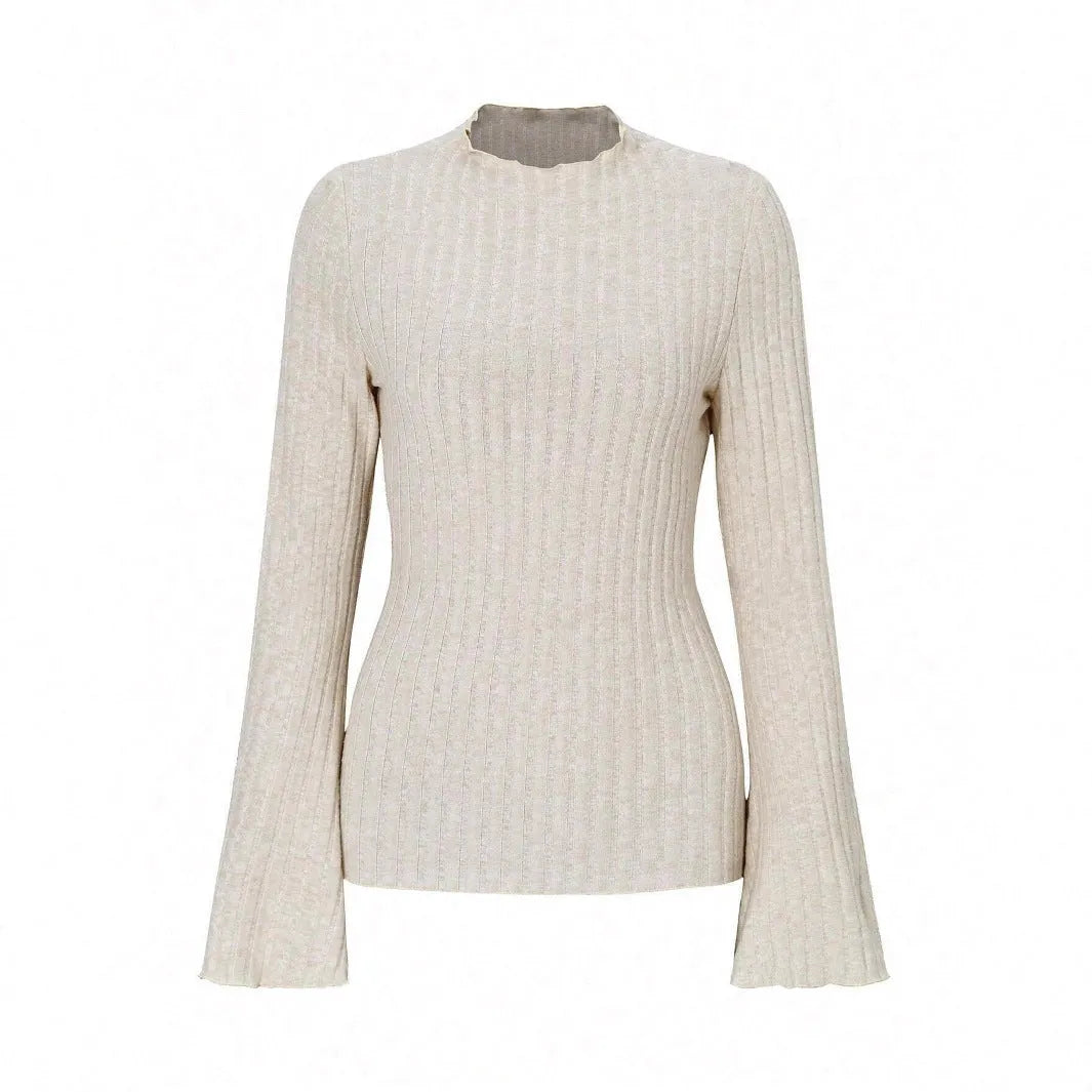 Long sleeve round neck top in black with lantern sleeves and brushed sunken stripe texture