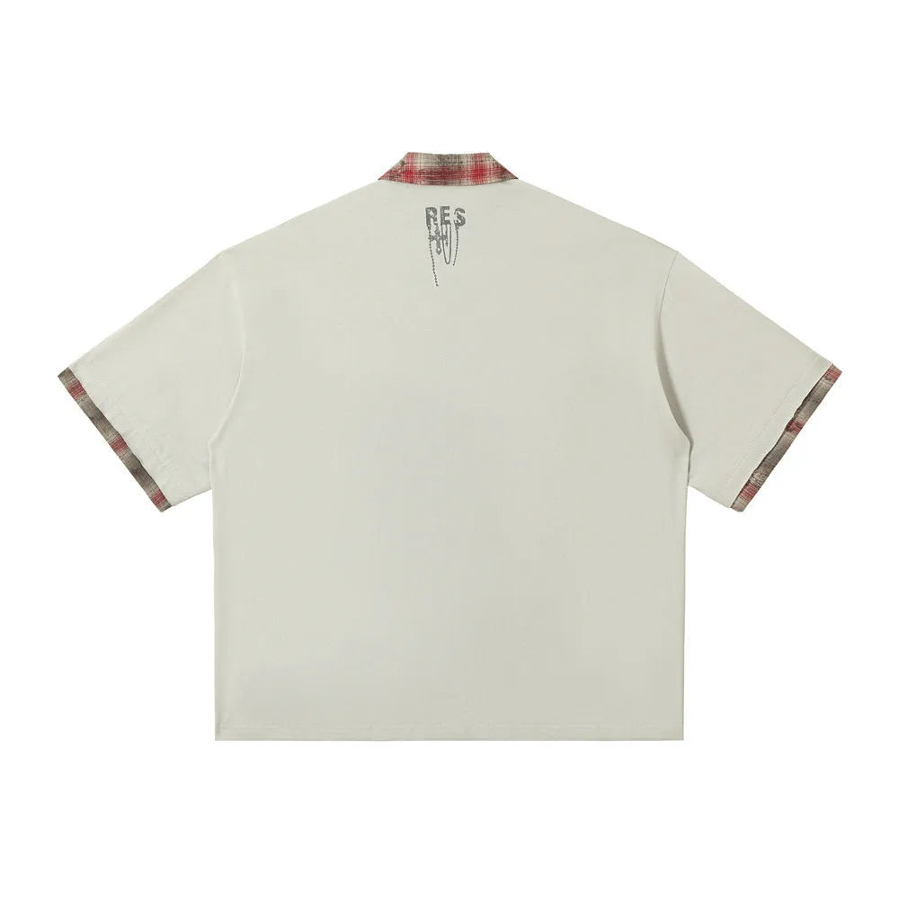 Men's loose-fit cotton top with asymmetric graffiti printing in blue or red colour options