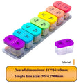 14 compartment plastic pill organiser with removable daily trays in rainbow colour option showing dimensions