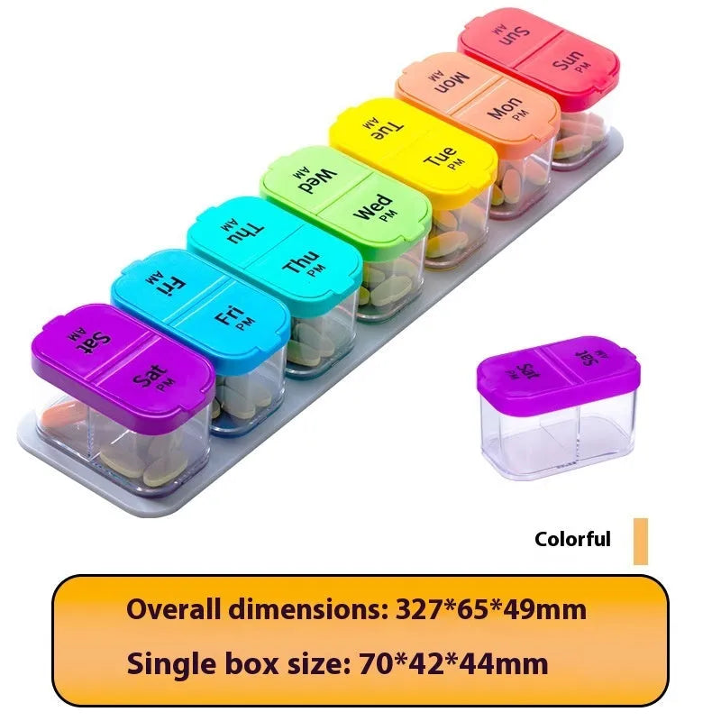 14 compartment plastic pill organiser with removable daily trays in rainbow colour option showing dimensions