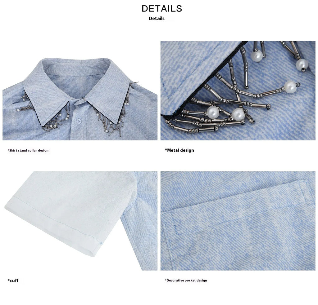 Men's loose fit blue and white gradient short sleeve shirt with quilted style details