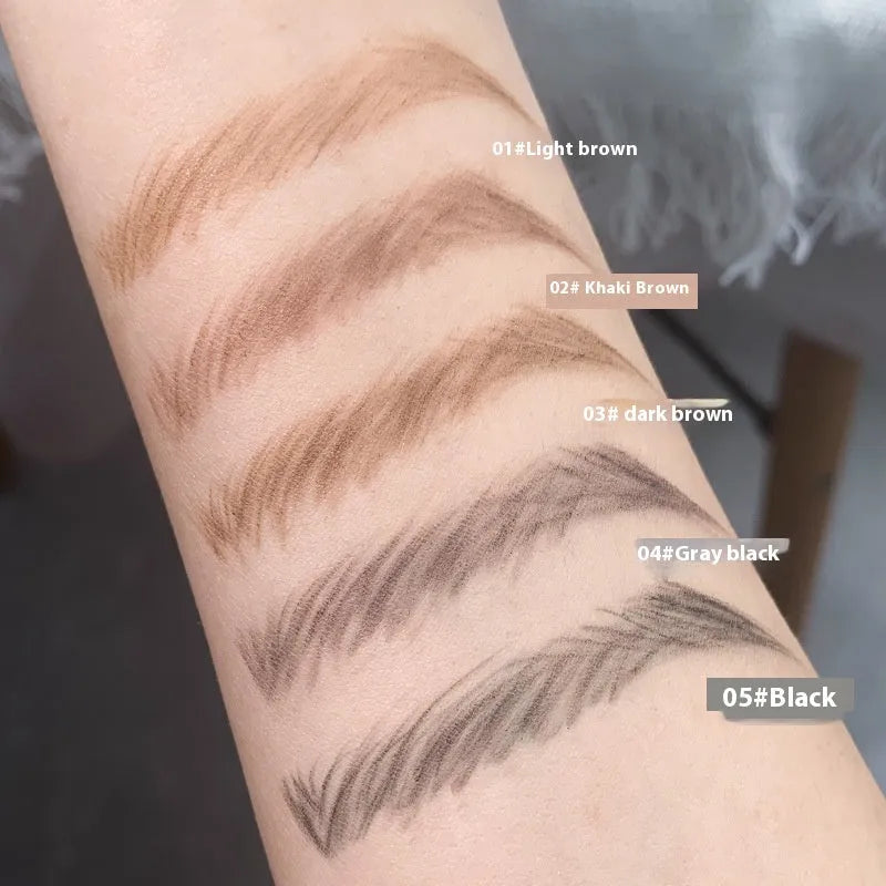 Small gold ultra-fine eyebrow pencil showing five natural shade options including brown and gray tones