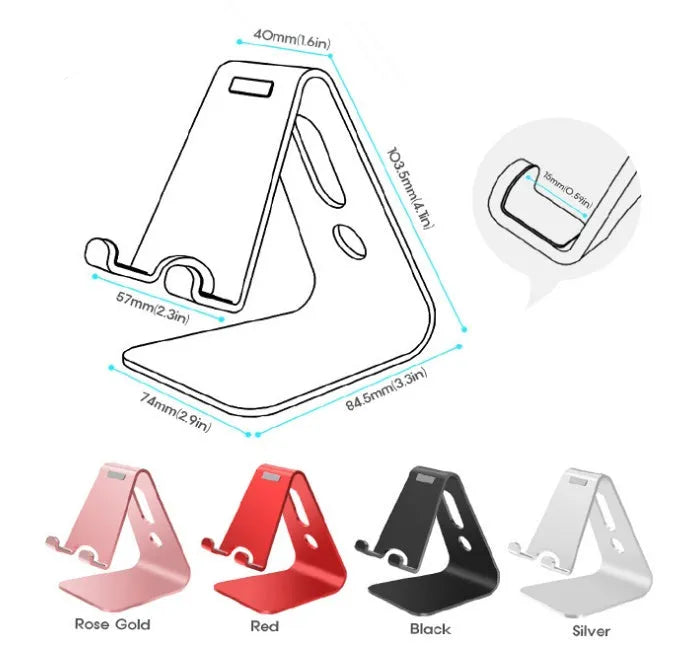 Aluminium alloy universal phone holder in black, red, rose gold, and silver colours for tablets and mobile phones.