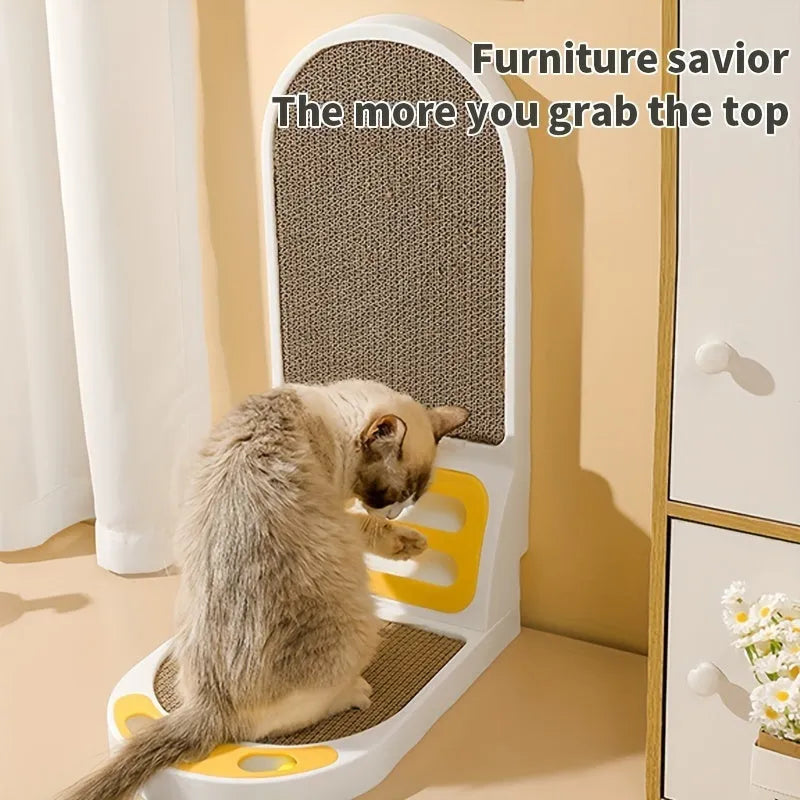 Grey L-shaped vertical cat scratching board with a sisal fabric surface placed in a room corner.