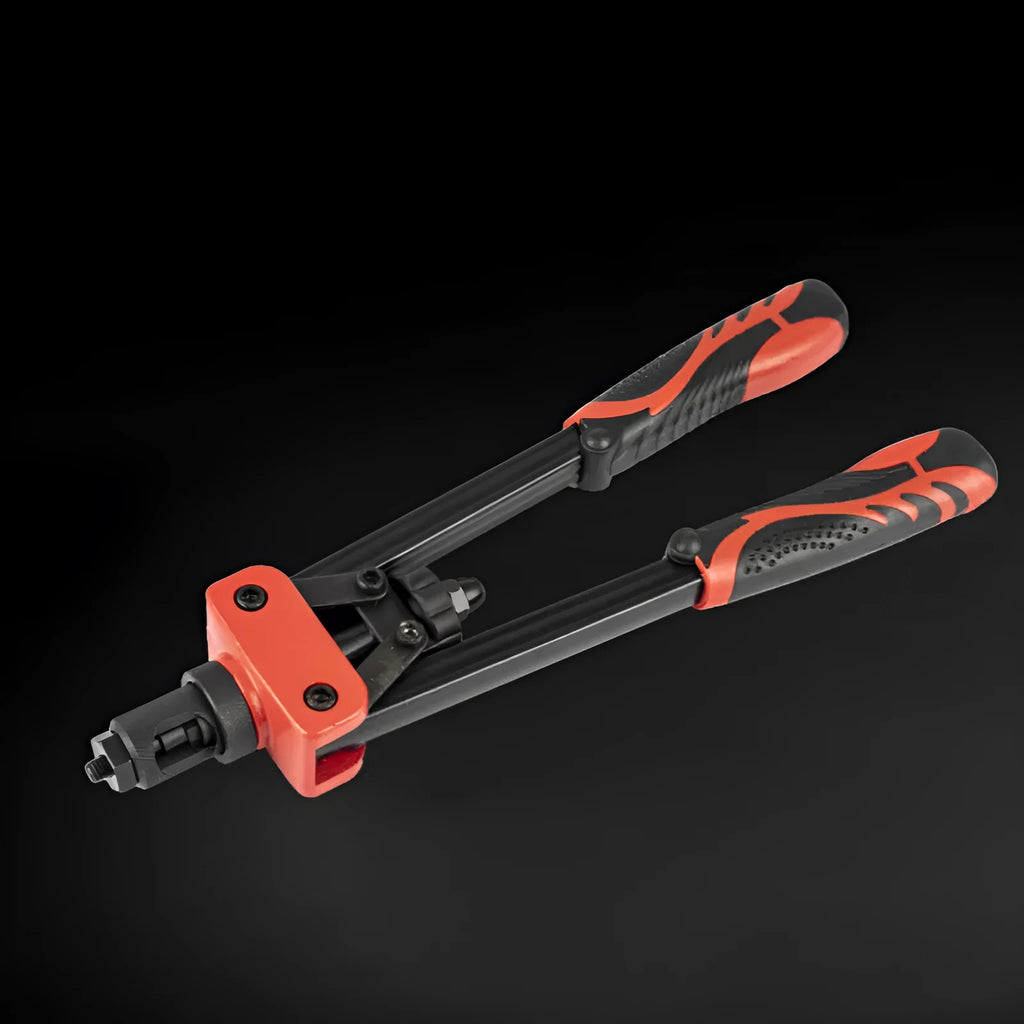 CQ14 model manual alloy rivet nut tool with six interchangeable tips, shown with 37 cm scale.