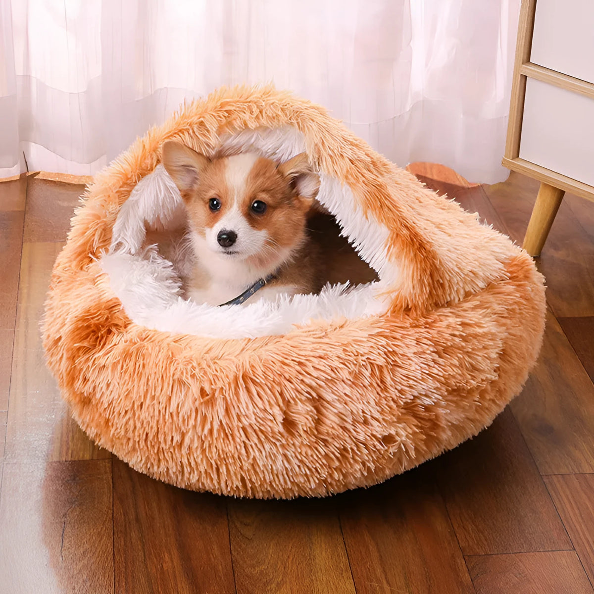 Waterproof semi-surrounded cloth dog kennel in champagne colour, shown in a 50cm size.