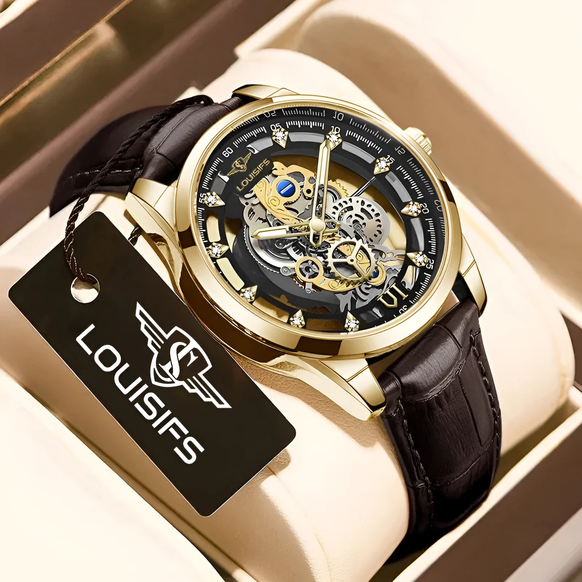 Men's Swiss quartz business watch with hollow design in black and gold or silver case options