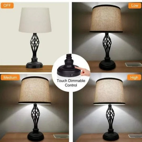 Silver alloy touch control bedside table lamp with USB charging port on base