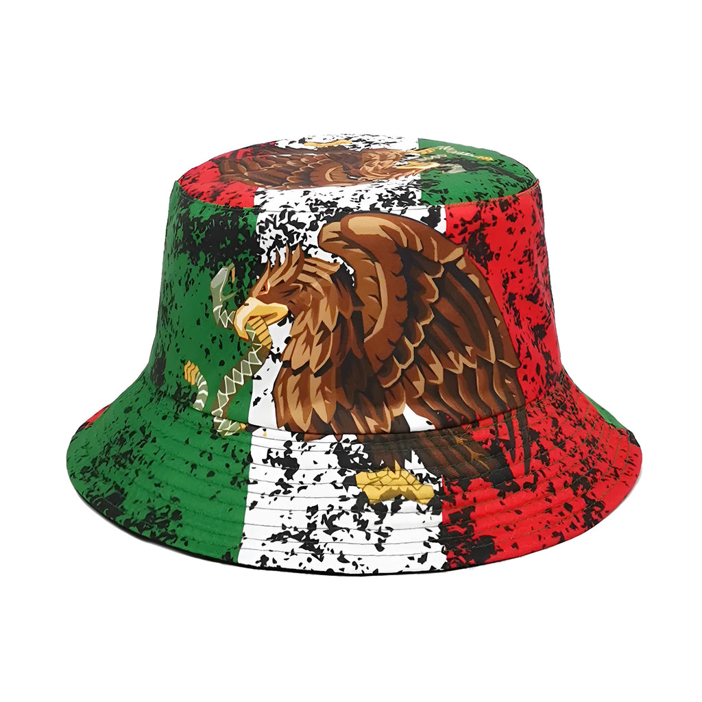 Polyester bucket hat with eagle pattern design and dome crown shape