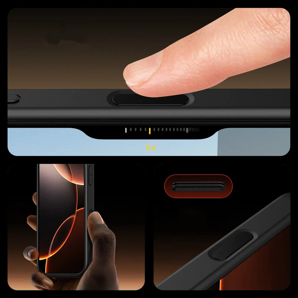 Black transparent magnetic phone case with airbag protection for iPhone 16 models on a white background.
