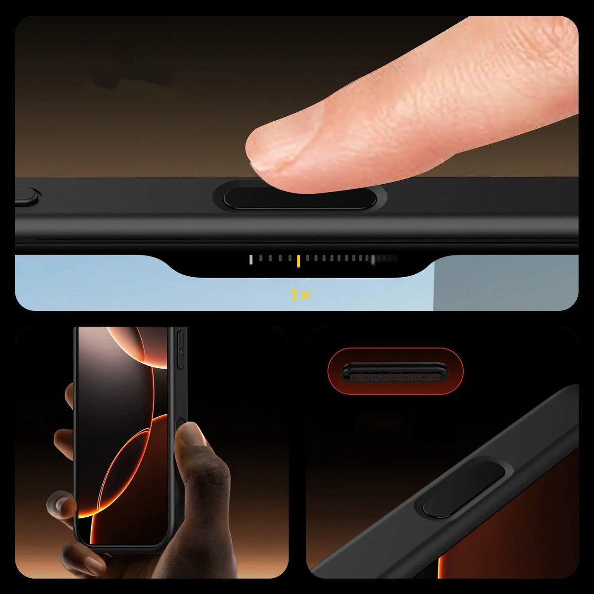 Black transparent magnetic phone case with airbag protection for iPhone 16 models on a white background.