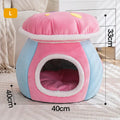 Mushroom-shaped cat bed in plush material available in purple, pink and grey colours