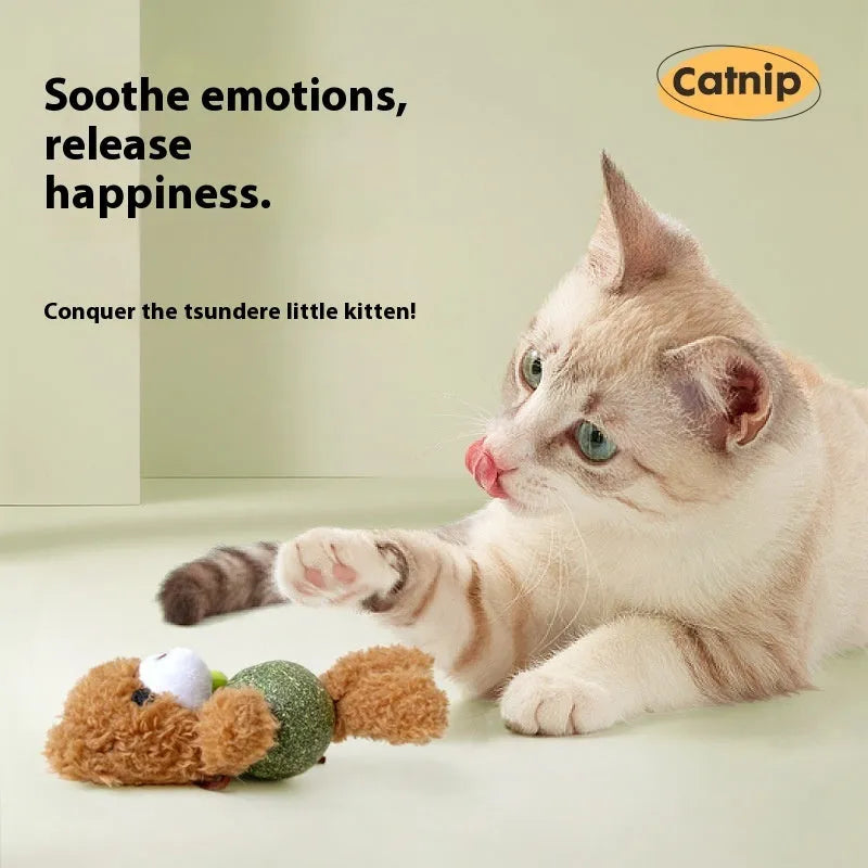 Plush catnip ball toy with bell in brown bear design showing 15cm height and 4cm mint ball