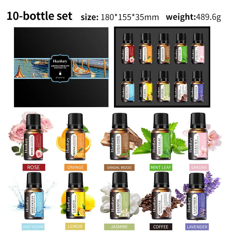 Boxed set of water-soluble aromatherapy essential oils for fresh air function, showing multiple bottles.