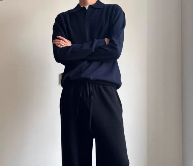 Pure wool polo sweater with lapel collar in loose fit, shown in milky white