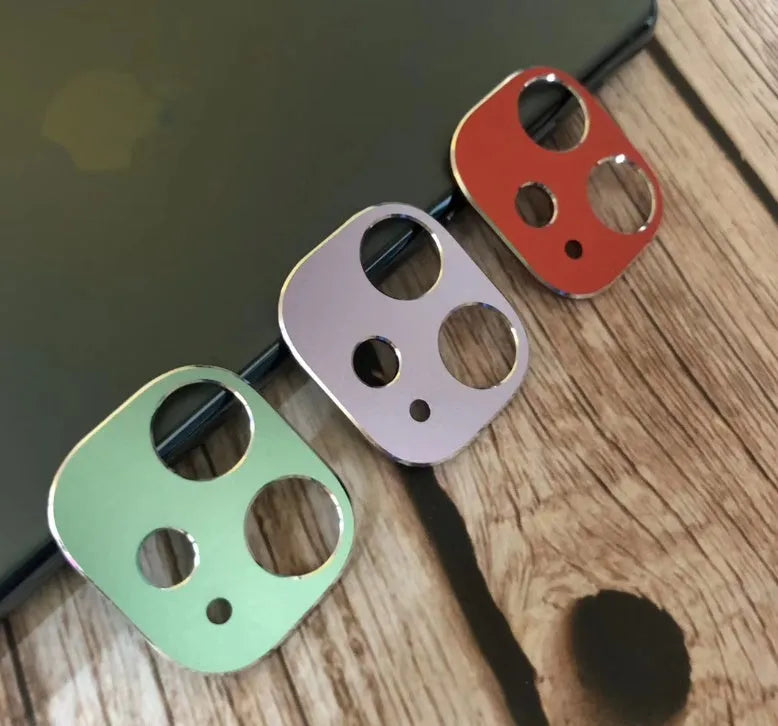 Metal camera lens protection ring for iPhone 11 and iPhone 11 Pro cases in various colours.