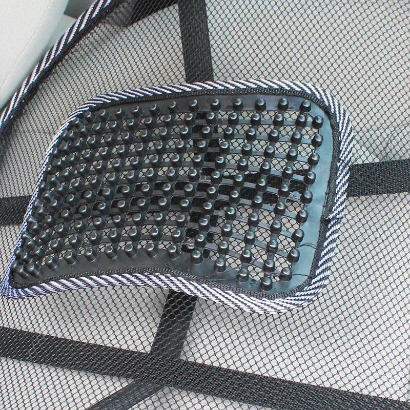 Black leather car lumbar support pillow showing steel frame structure and 41x39 cm dimensions
